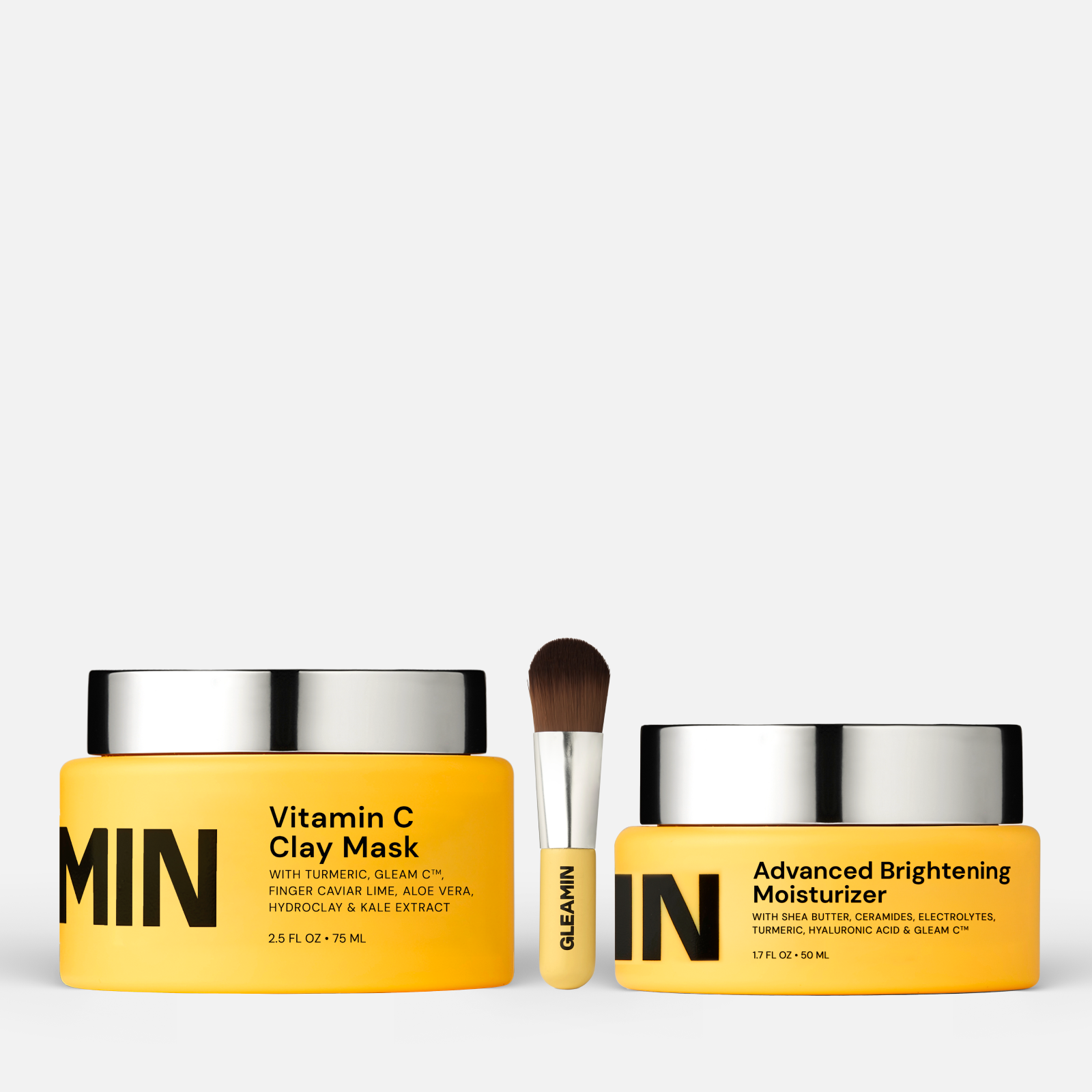 Dark spot corrector bundle with GLEAMIN Vitamin C Clay Mask, Brightening Moisturizer, and applicator brush for even skin tone