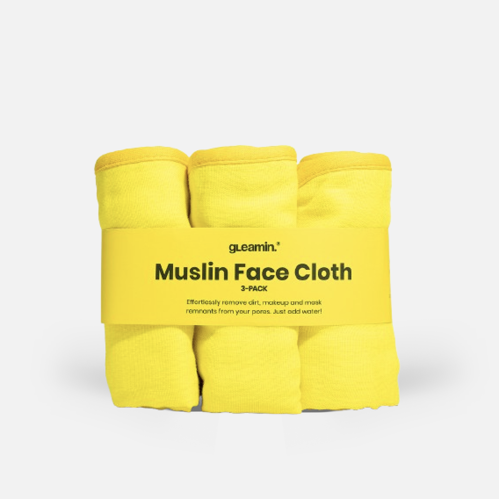 3-pack muslin face cloth in bright yellow packaging designed for gentle cleansing and makeup removal