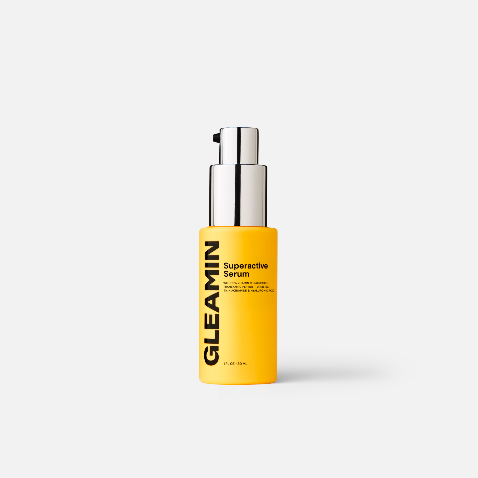 Vitamin C serum in a sleek yellow pump bottle designed to brighten, smooth, and hydrate the skin