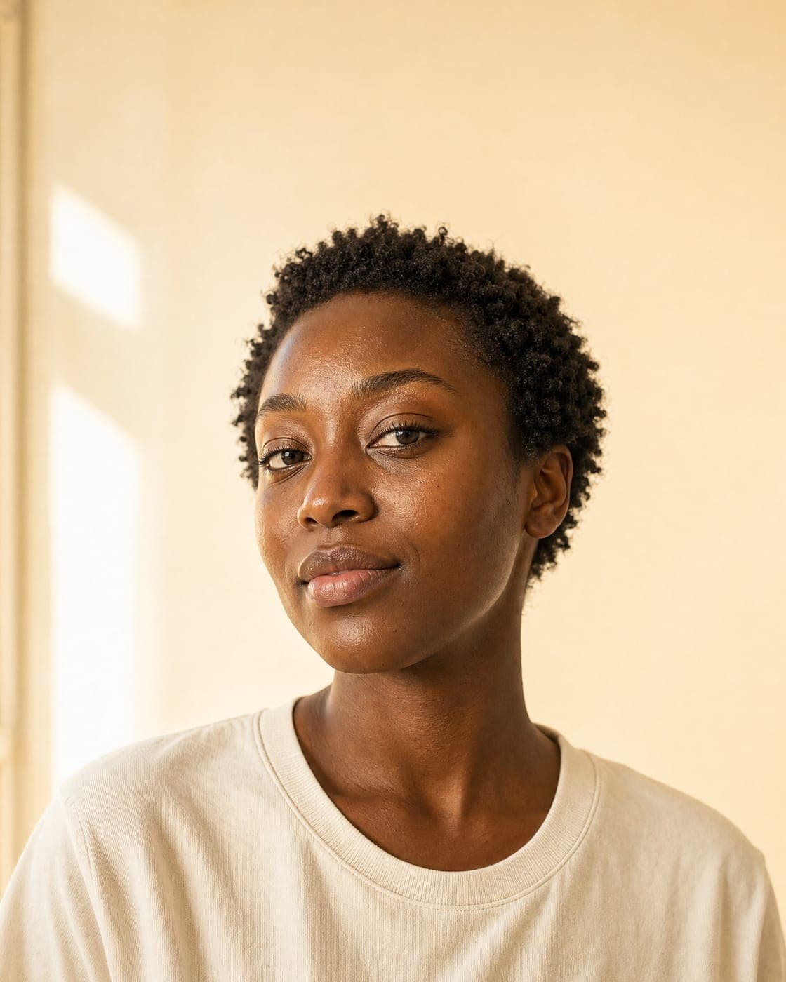 A woman with short natural hair in a cream T-shirt, looking at the camera in front of a warm cream wall