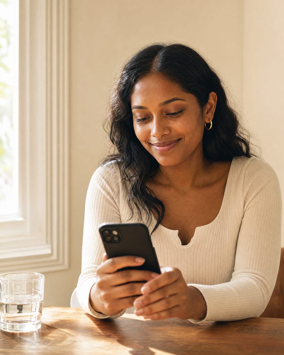 A woman with long dark hair smiling at her phone at a wooden table beside a sunlit window