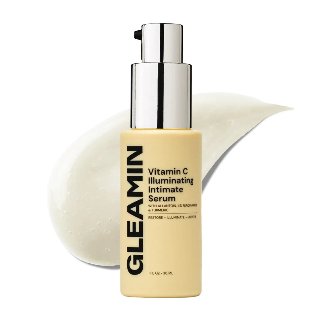 Illuminating serum in a yellow pump bottle shown with a creamy swatch, designed to brighten and soothe the skin