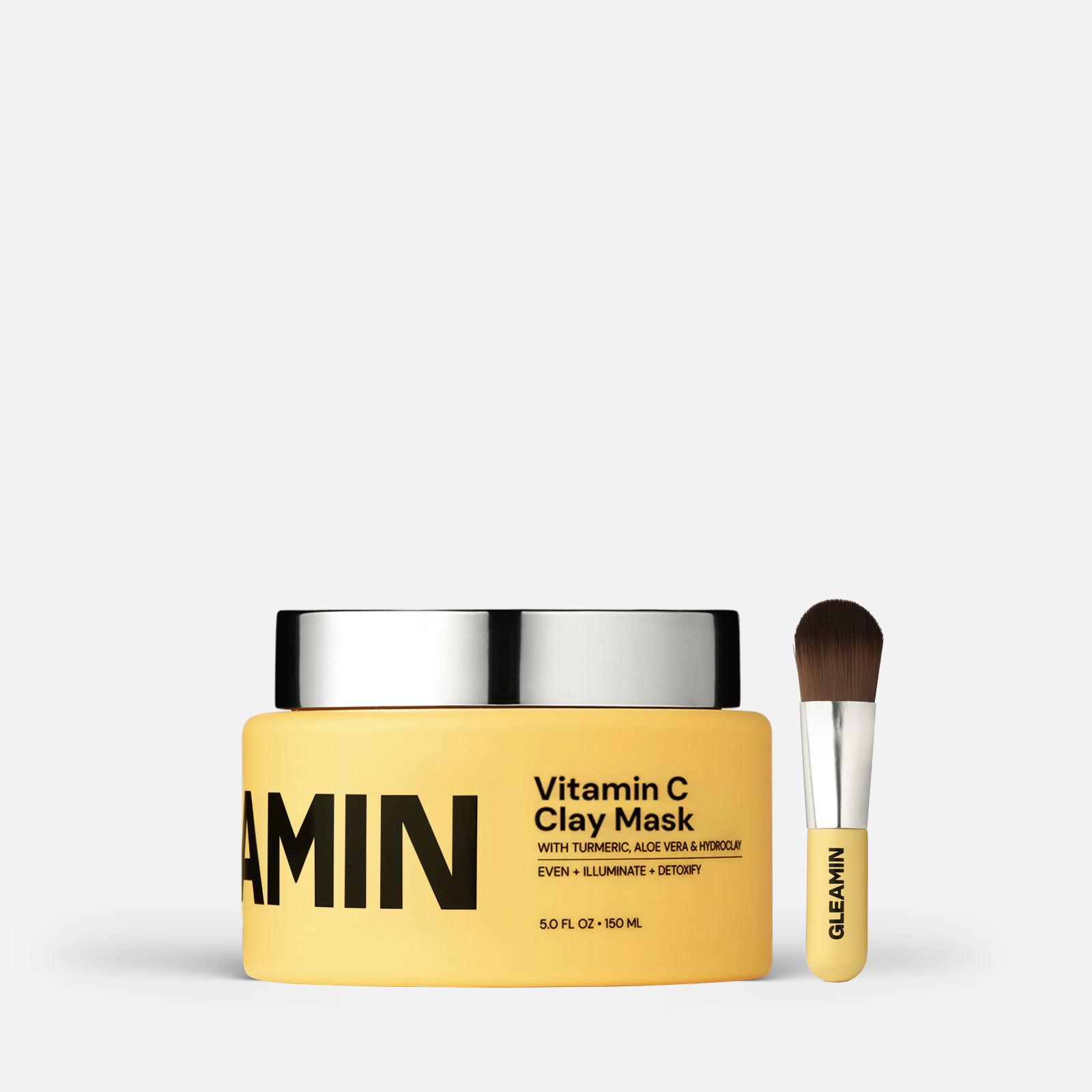 Brightening serum set featuring GLEAMIN Vitamin C Clay Mask and applicator brush for even, radiant, and detoxified skin