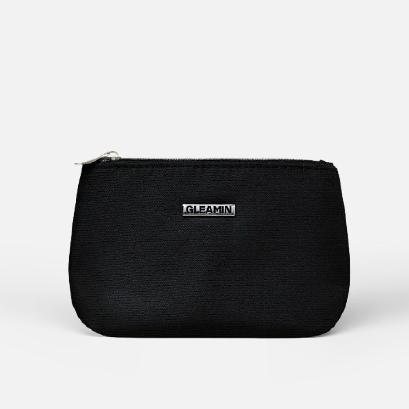 Black cosmetic bag with zipper closure and GLEAMIN logo centered on the front